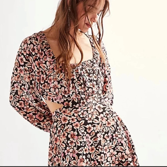 Free People Jael Cutout Mini Dress XS‎ Long Sleeves Black Floral NWOT Bohemian - Picture 3 of 12